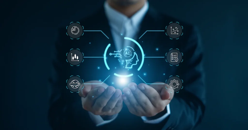 Visualización de ecosistema de inteligencia artificial con iconos tecnológicos que representan automatización, análisis de datos y eficiencia empresarial