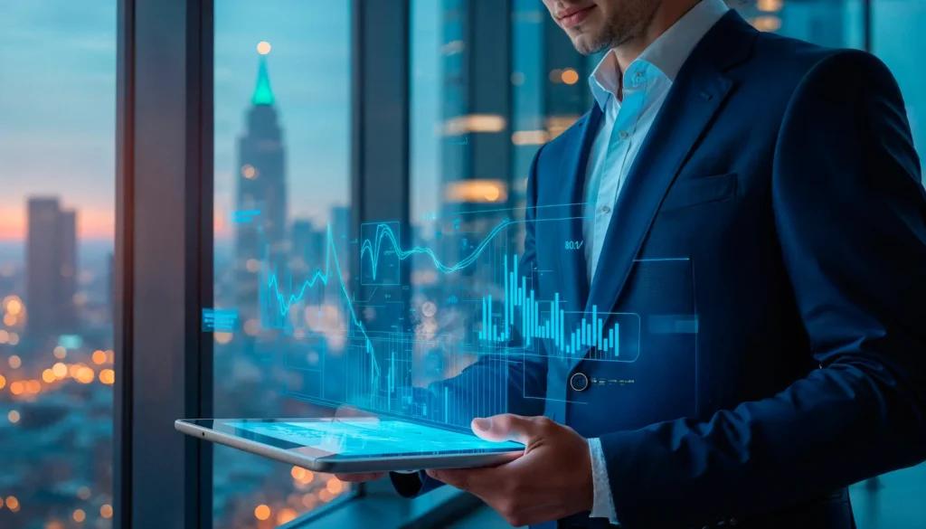 Empresario utilizando herramientas digitales y análisis de datos para mejorar la rentabilidad de su empresa