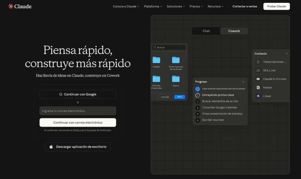 Panel de trabajo de Claude AI con herramientas de proyectos y edición de contenido dentro de la plataforma