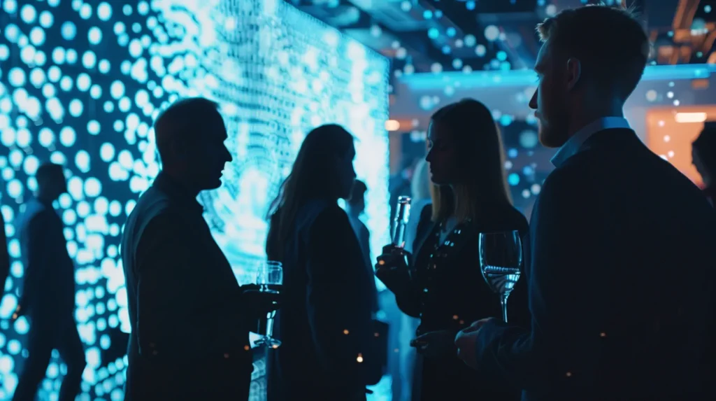 Networking empresarial en evento profesional donde ejecutivos conversan y crean conexiones de negocio.