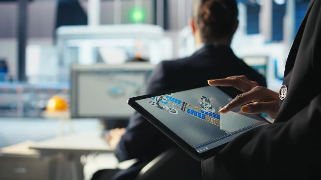 Empresario utilizando una tablet para gestionar procesos automatizados en un negocio pequeño