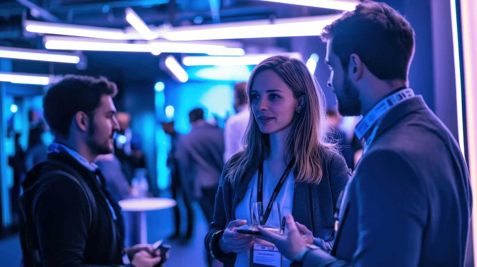 Mujer participando en un evento empresarial y ampliando su red de contactos profesionales.