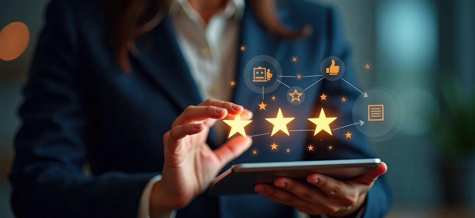 Empresario interactuando con un sistema de calificaciones de cinco estrellas en una aplicación móvil para generar confianza en su negocio.