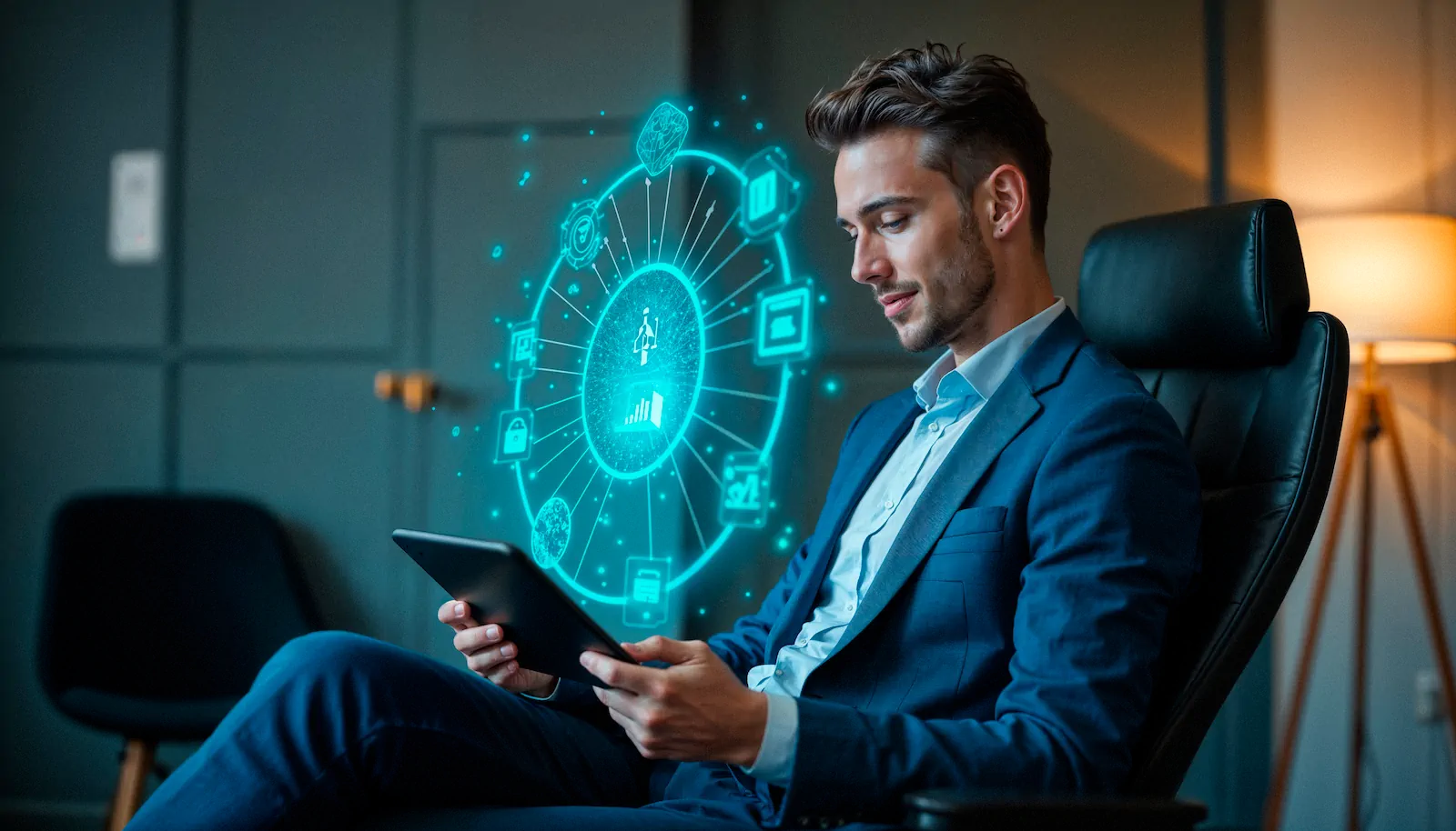 Ejecutivo utilizando herramientas de inteligencia artificial en una tablet con interfaz digital avanzada para la gestión empresarial