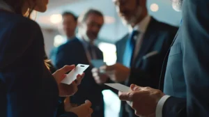 Ejecutivos intercambiando tarjetas de presentación durante un evento de networking en un viaje de negocios